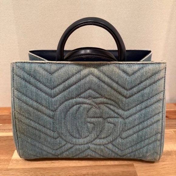 Gucci Denim Chevron Tote with Gold Accent - Picture 2 of 4